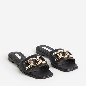 Premium leather Black and Gold Chain Slide Sandals